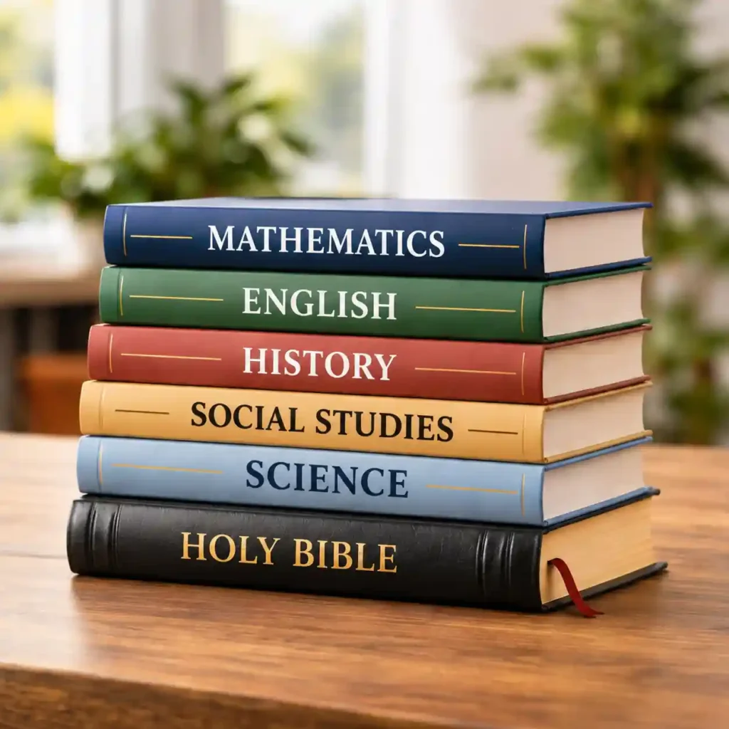 Bible on top of academic books representing Christian school academics in The Woodlands TX